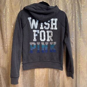 Vintage Y2K PINK Victorias Secret Wish For Pink Gray Blue Rhinestone Hoodie Smal